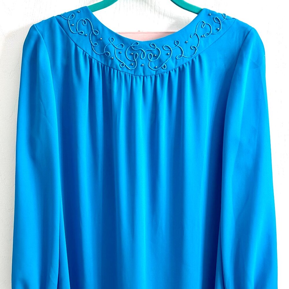 Vtg Diane Roberts Blue Semi Sheer Dress w Emb. & Beaded Collar 44 Bust Sz. 12/14 - Picture 2 of 11